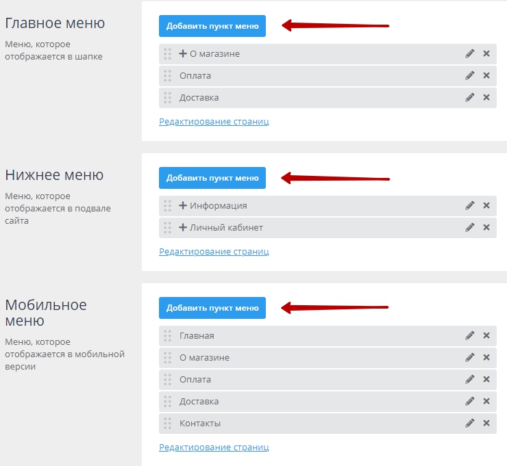 Далее у необходимого блока меню нажимаем на кнопку "Добавить пункт меню"