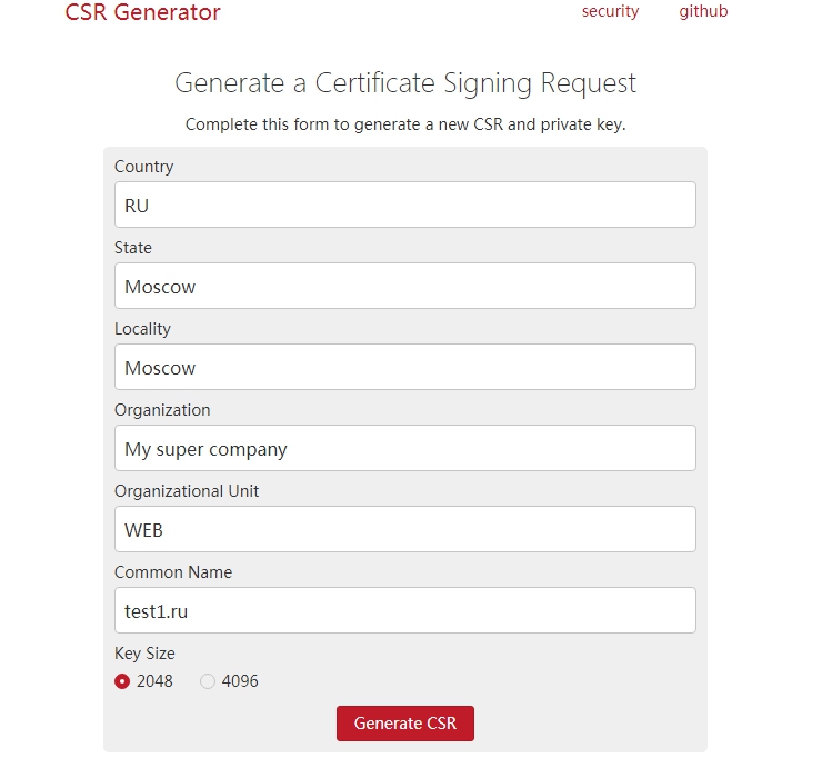 После заполнения данных, нажимаем на большую красную кнопку "Generate CSR" и получаем пункты 1 и 2 на рисунке