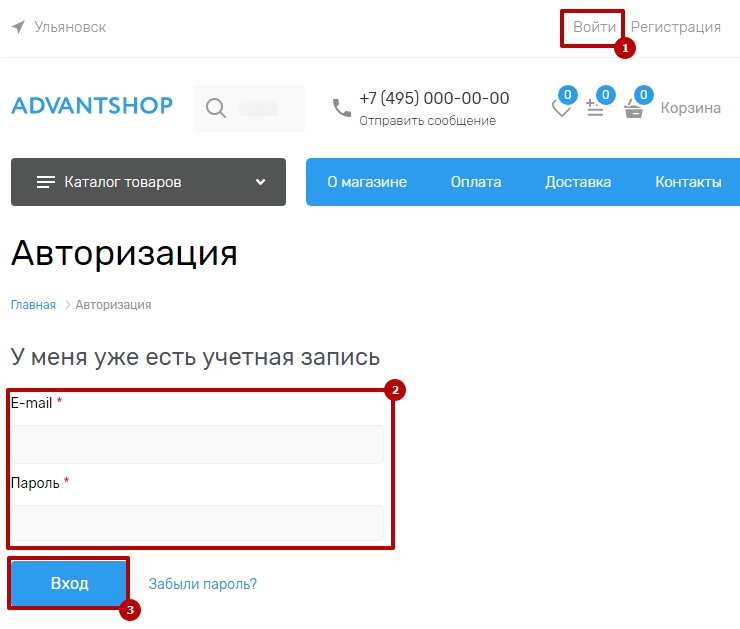 Перейдите по ссылке "Войти" в шапке сайта и введите Ваш логин и пароль в форму авторизации