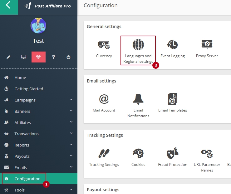 По умолчанию используется язык английский, если необходимо сменить язык, перейдите в пункт меню Configuration, далее выберите "Languages and Regional settings"