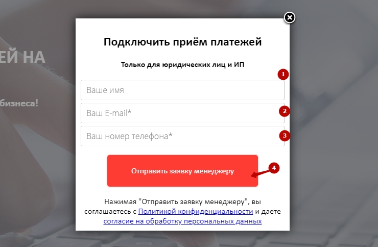 Откроется окно, где требуется ввести данные и отправить заявку на подключение