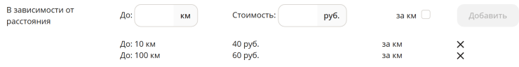Затем вводим до 10 км стоимость 40 рублей , ставим галочку "за км". Нажимаем добавить.