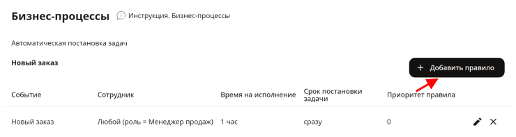 Над таблицей правил "Новый заказ" нажмем кнопку "Добавить правило"