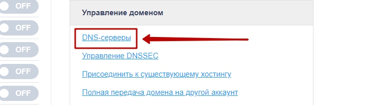 Нажимаем на название домена, затем выбираем пункт "DNS-серверы"