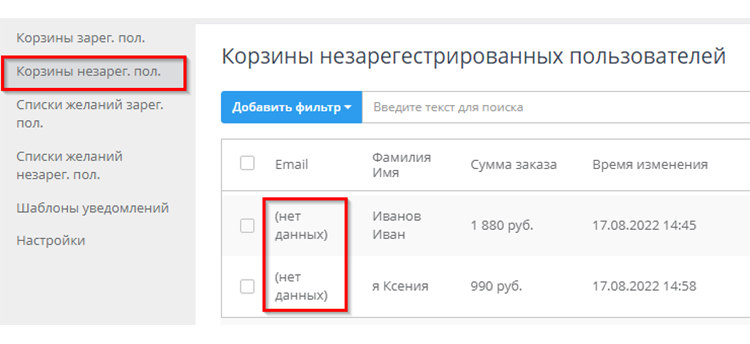 Список незарегистрированных пользователей, которые бросили корзину