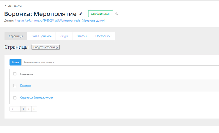 Страницы воронки «Мероприятие»