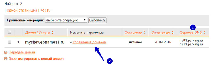 Далее, в списке находим нужный домен и нажимаем на ссылку "Управление доменом".