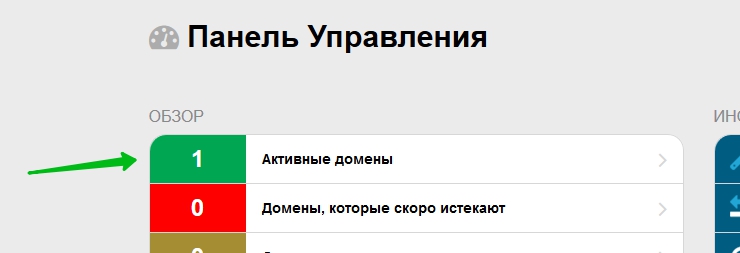 Далее на странице "Панель Управления" выбираем "Активные домены"