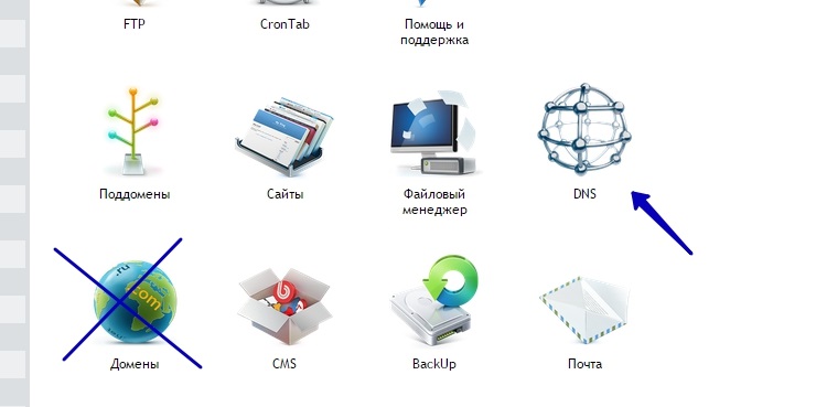 Далее в меню выбираем иконку "DNS", именно "DNS", не путайте с иконкой домены.