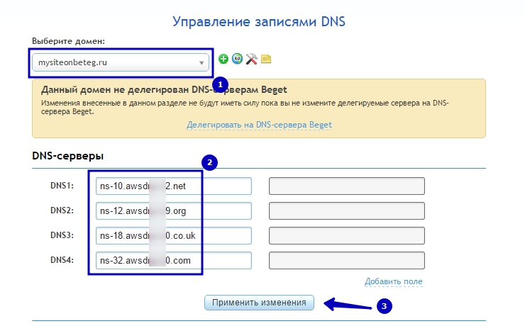 Далее, в графе "DNS-серверы" указываем новые NS записи, каждую в новой строке, точку в конце ставить не нужно.