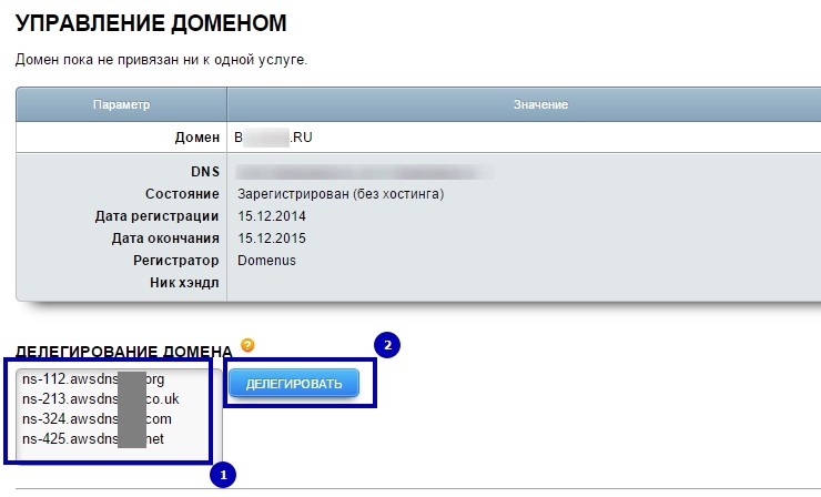 Далее, в графе "Делегирование домена" указываем новые NS записи, каждую в новой строки, точку в конце ставить не нужно.