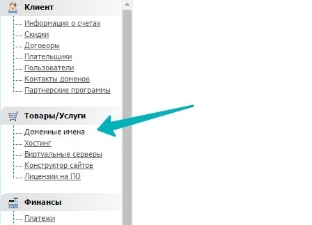 Далее на странице "Товары / Услуги" выбираем "Доменные имена"