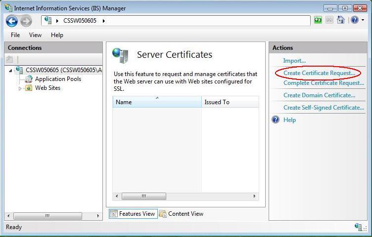 Справа раздел "Actions", в котором нужно нажать на "Create Certificate Request."