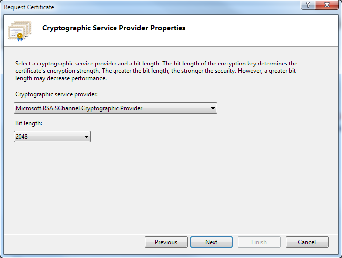 В окне "Cryptographic Service Provider Properties" оставьте по умолчанию настройку Microsoft RSA SChannel, а параметр Bit lenght выставите в 4096, и затем нажмите Next.