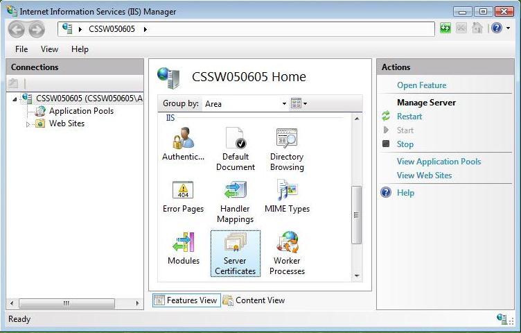 В главном меню кликните по кнопке "Server Certificates" в разделе "Security". 