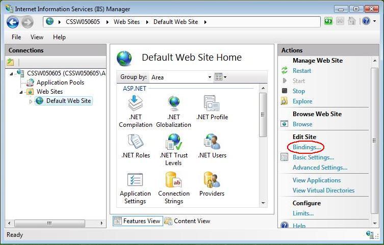 В "Sites" выберите сайт, который будет защищен SSL, далее в меню "Actions"(справа), нажмите на "Bindings".
